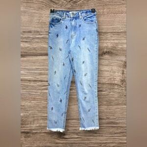 Tinseltown Light Blue Wash High Rise Mom Denim Skinny Jeans Embroidered Snakes